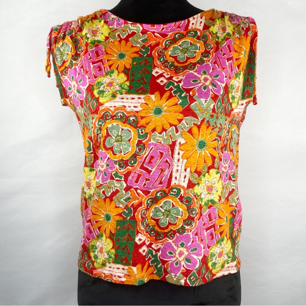 Nicole Miller 100% Linen Boho Tie Cap Sleeves Top